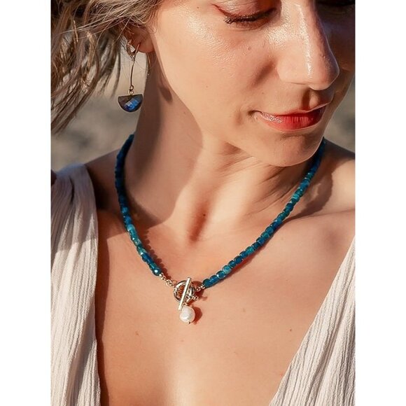 Blue Apatite Gemstone Necklace Gold Toggle Clasp Removable Baroque Pearl - Picture 1 of 12
